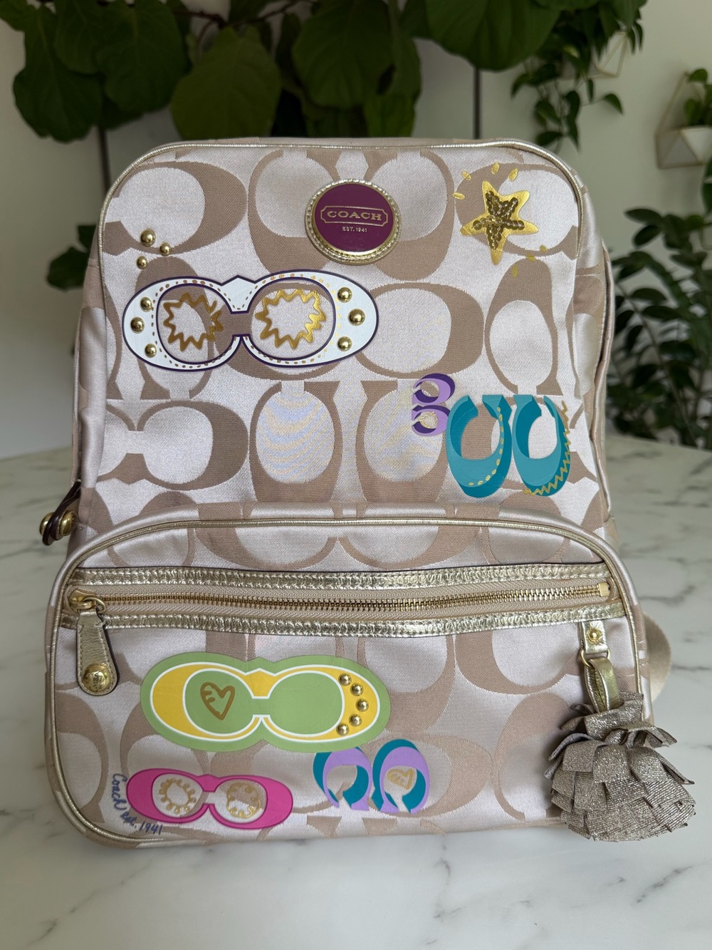 Coach Poppy Signature Graffiti Appliqué Backpack & Wallet Set Khaki Gold Multi - Picture 2 of 16